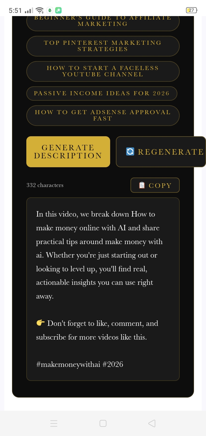 AI Description Generator tool screenshot showing YouTube description output